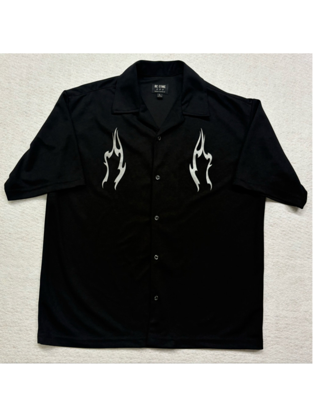 Vintage Y2K BC Ethic "Pyro" Flame Bowling Lounge Shirt Men's L Made in USA